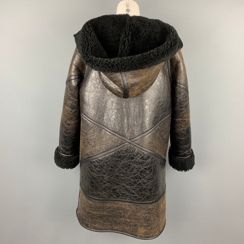 GOLDEN GOOSE Size S Dark Brown Crackled Leather Shearling Hooded Oversized Coat