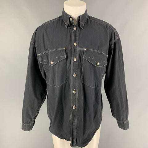 Vintage VERSACE JEANS COUTURE Size M Black Contrast Stitch Cotton Long Sleeve Shirt