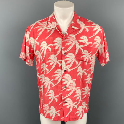 DOUBLE RAINBOUU Size S Pink & White Palm Tree Rayon Camp Short Sleeve Shirt