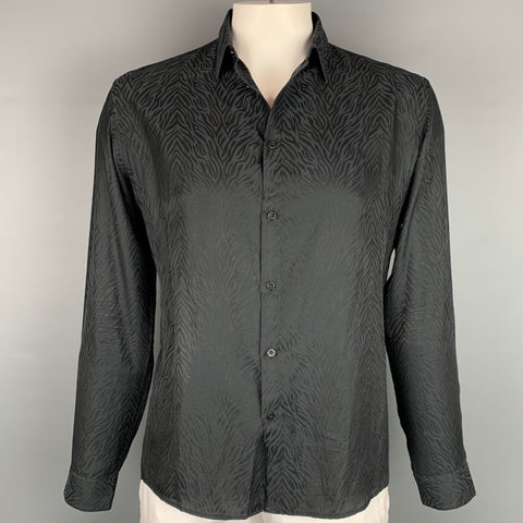 ROBERTO CAVALLI Talla L Camisa Manga Larga Algodón / Seda Bicolor Negra