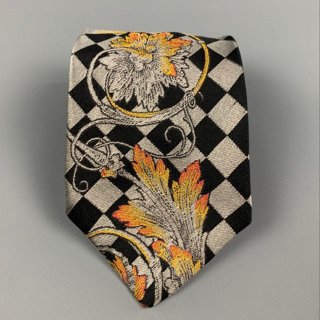GIANNI VERSACE Black Silver Gold Baroque Silk Tie