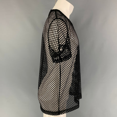 COMME des GARCONS HOMME PLUS Talla L Camiseta negra de poliéster con cuello redondo y malla