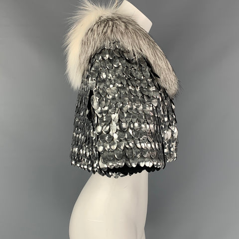 MARC JACOBS Talla 6 Chaqueta corta con cuello de piel de zorro en mezcla de lana plateada y negra