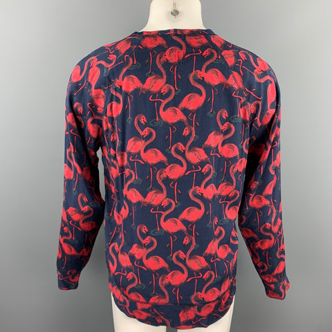 MARC JACOBS Size M Navy & Red Flamingo Print Viscose Raglan Pullover