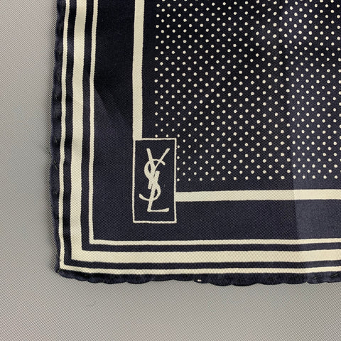 YVES SAINT LAURENT Navy White Polka Dot Silk Satin Pocket Square