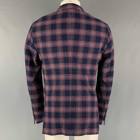 ETRO Size 40 Navy Multi-Color Plaid Cotton Elastane Sport Coat