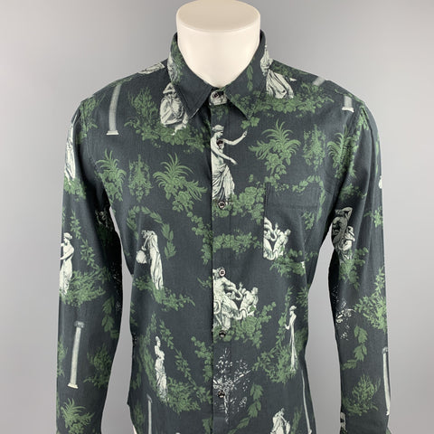 OSKLEN Size S Navy & Green Print Cotton Button Up Long Sleeve Shirt