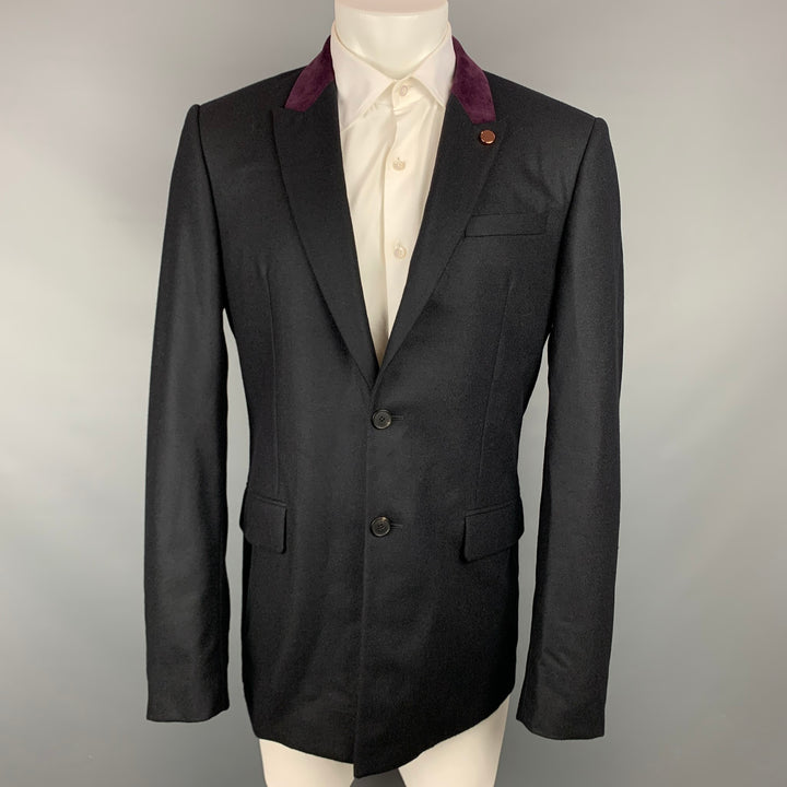 GIVENCHY Size 42 Black & Purple Wool Peak Lapel Sport Coat