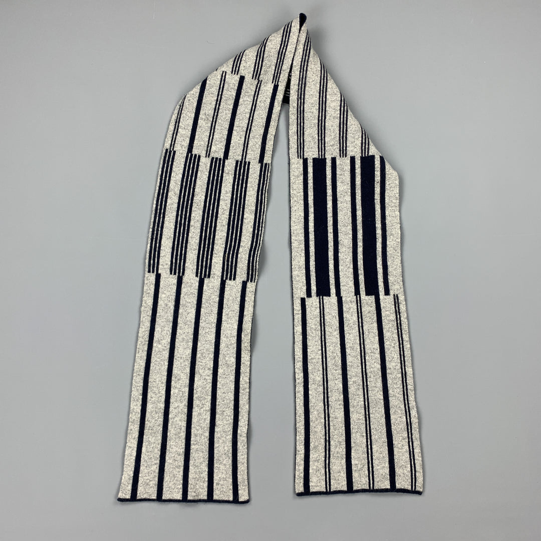 DRAKES LONDON Navy & Grey Striped Wool Scarf