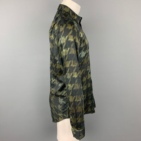 PAUL SMITH Size M Olive & Black Houndstooth Cotton Button Up Long Sleeve Shirt