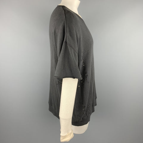 R13 Size L Charcoal & Beige Distressed Cotton Crew-Neck Double Layer Sweatshirt