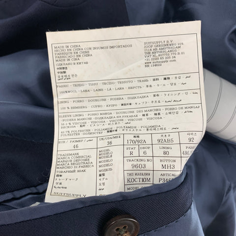 SUIT SUPPLY Size 36 Navy Wool Notch Lapel Suit