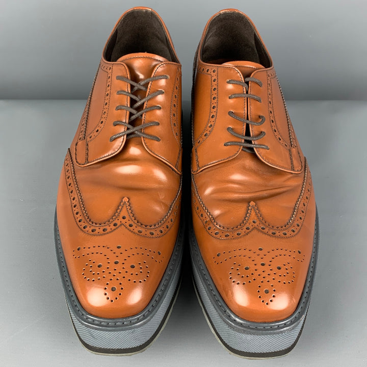 PRADA Size 9.5 Tan Grey Perforated Leather Wingtip Lace Up Shoes