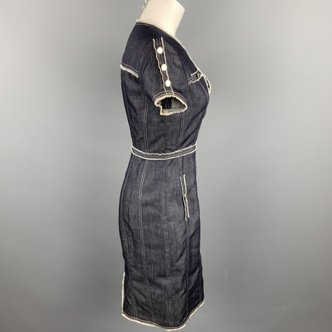 CAROLINA HERRERA Size 4 Blue Cotton / Linen Contrast Stitch Sheath Dress