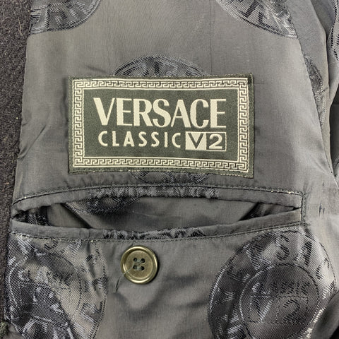 Vintage VERSACE CLASSIC Size 36 Navy Tweed Wool Blend Double Breasted Coat