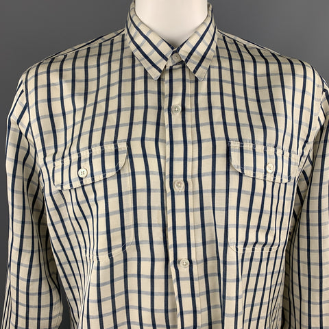 OUR LEGACY Size 42 Cream & Navy Plaid Cotton Patch Flap Pockets Shirt