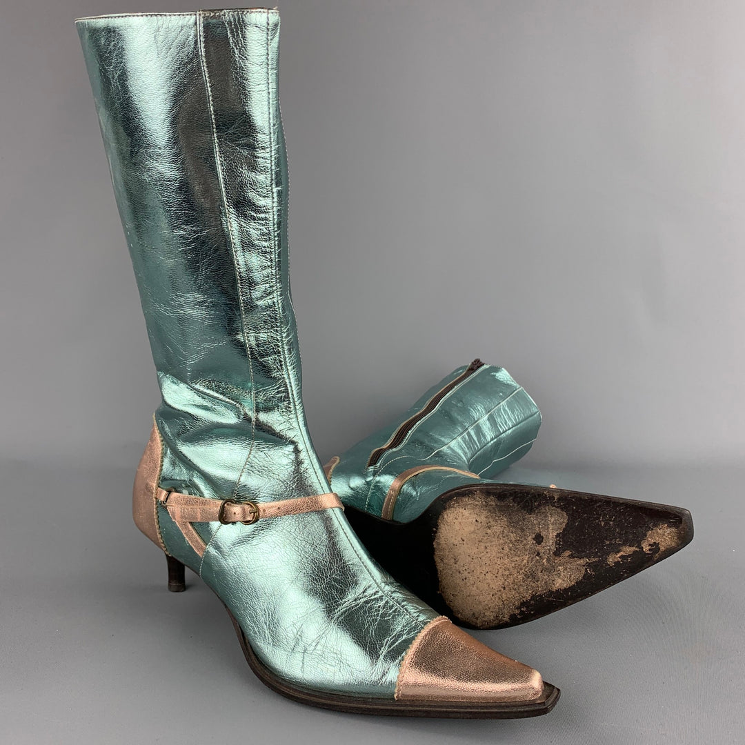 PAOLO IANTORNO Size 6.5 Aqua & Rose Gold Patent Leather Boots