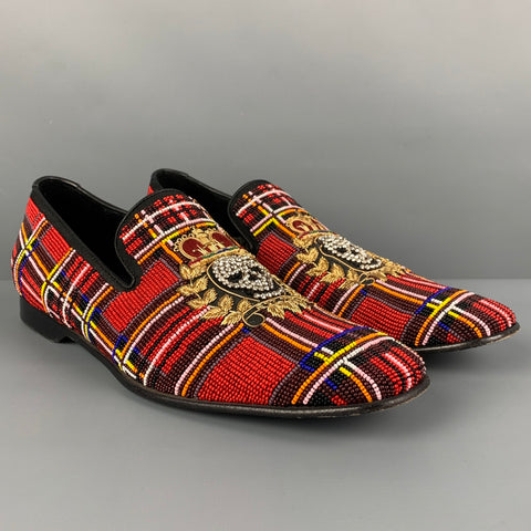DONALD J PLINER Talla 10 Mocasines sin cordones de cuero con escudo real y calavera con cuentas multicolores