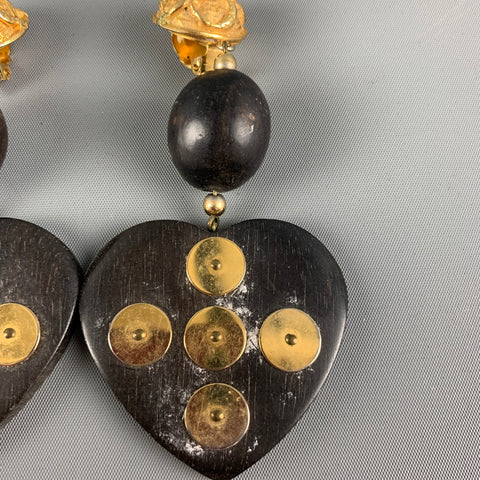 YVES SAINT LAURENT Rive Gauche Gold Brown Heart Wood Clip-On Earrings