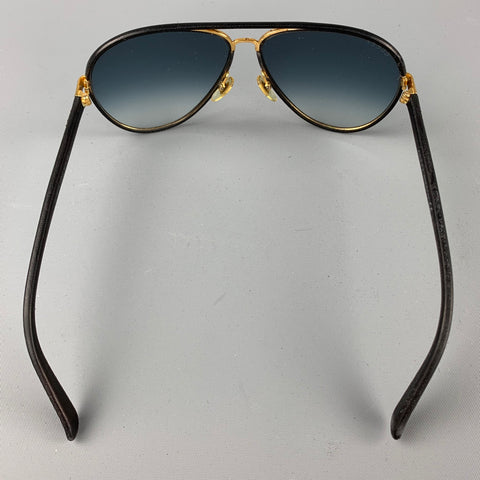GUCCI Black Leather Gold Tone Aviator Sunglasses