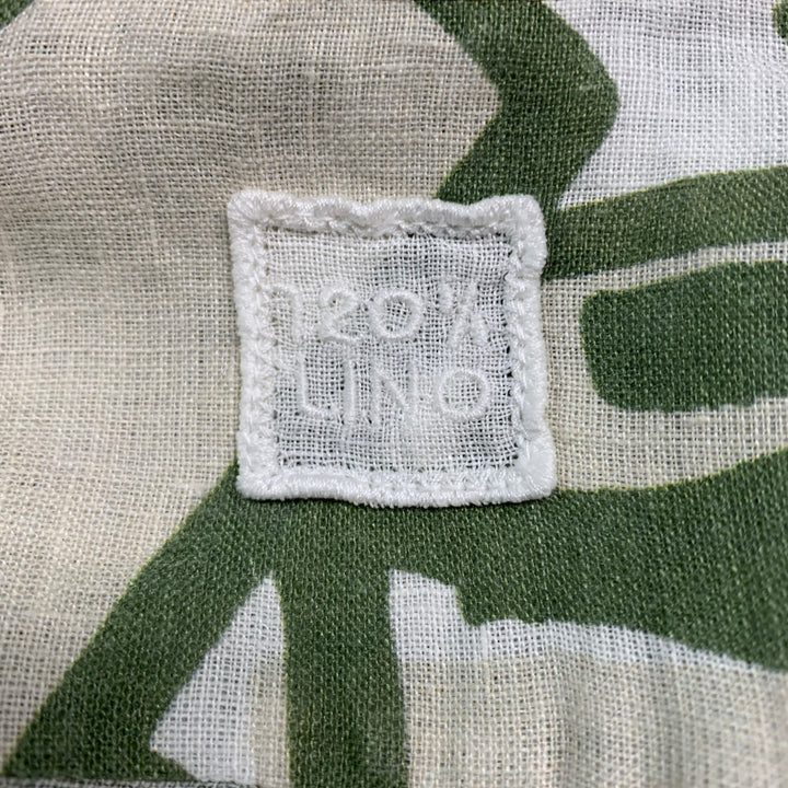 120% LINO Size S Green White Print Linen Button Up Long Sleeve Shirt