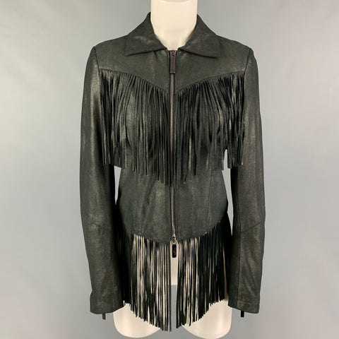 GIL SANTUCCI Size 4 Charcoal Lamb Leather Fringe Jacket