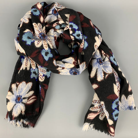 CAMERUCCI Black Multi Color Floral Wool Scarf