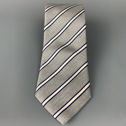 SUIT SUPPLY Light Gray & White Diagonal Stripe Silk Tie