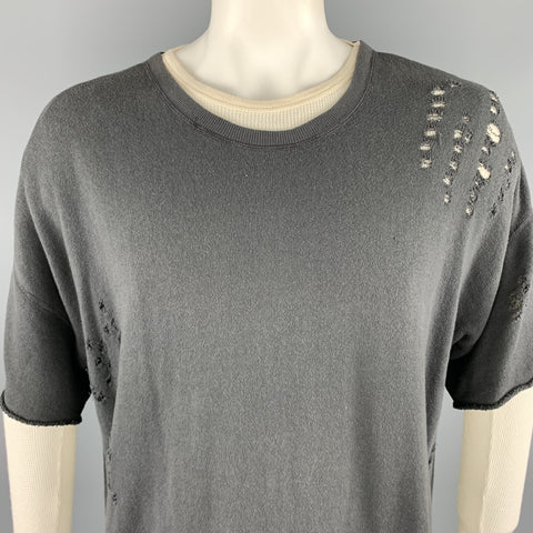 R13 Size L Charcoal & Beige Distressed Cotton Crew-Neck Double Layer Sweatshirt