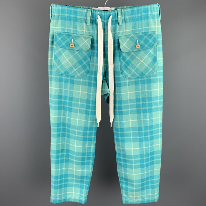 COMME des GARCONS GANRYU Size S Aqua Plaid Wool / Nylon Elastic Waistband Casual Pants
