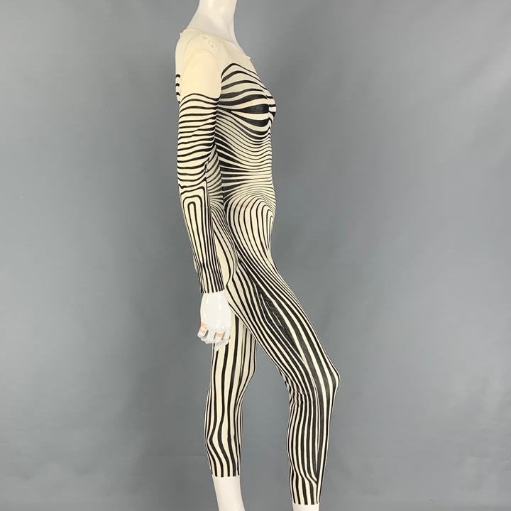 Vintage 1996 JEAN PAUL GAULTIER Size One Size Cream Black Stripe Stretch Tulle Bodysuit