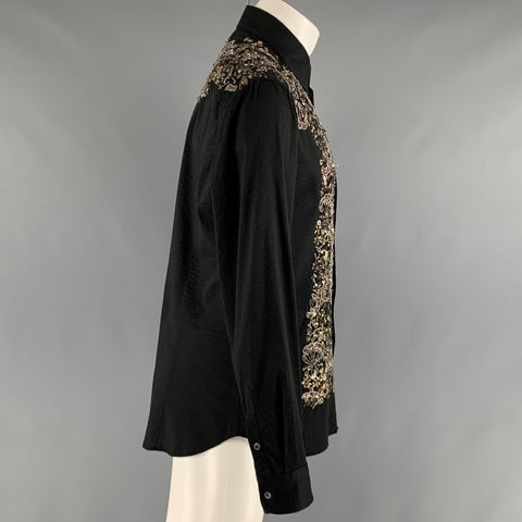 DOLCE & GABBANA Size S Black Gold Beaded Cotton Blend Long Sleeve Shirt