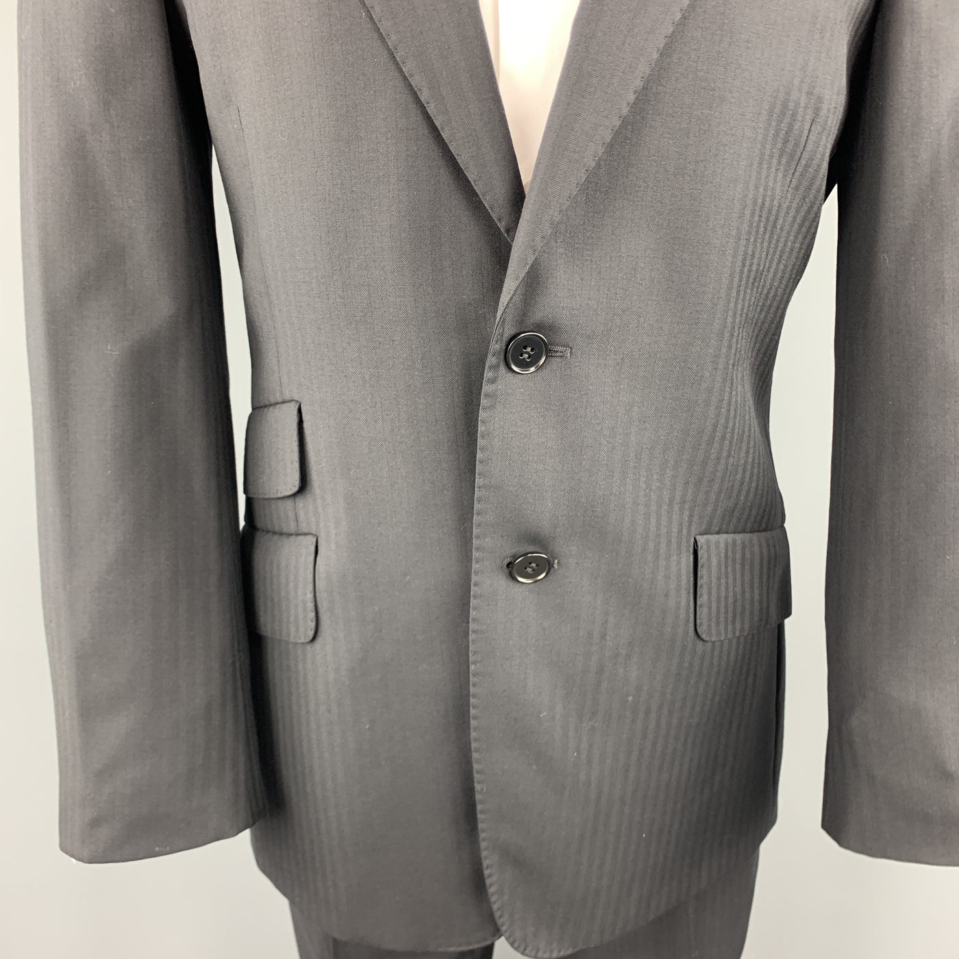 PAUL SMITH Size 38 Black Herringbone Wool Peak Lapel Suit