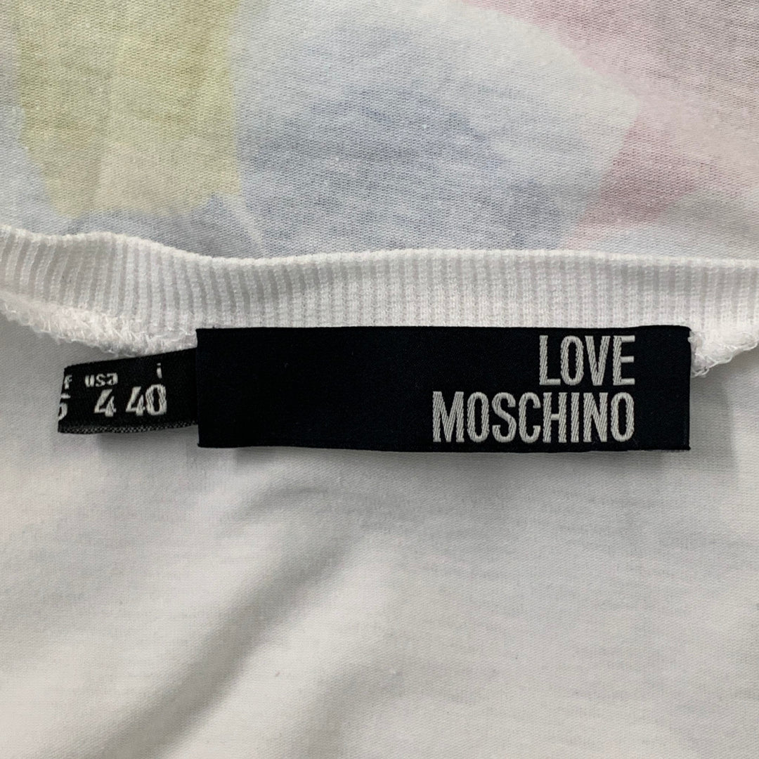LOVE MOSCHINO Size 4 White Multicolor Cotton / Elastane Flower Rhinestones T-Shirt
