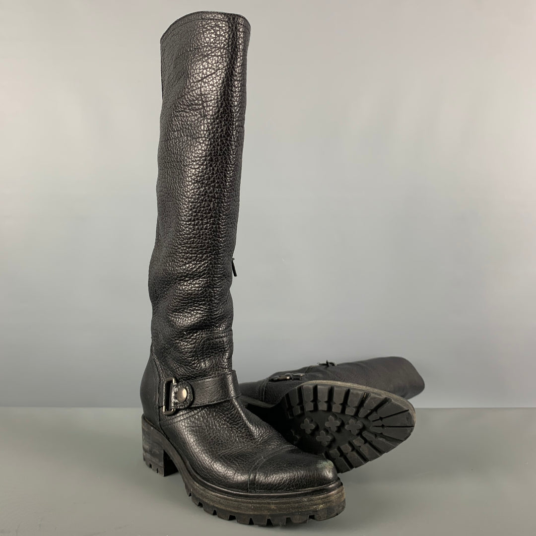 MIU MIU Size 9 Black Leather Pebble Grain Side Zipper Boots