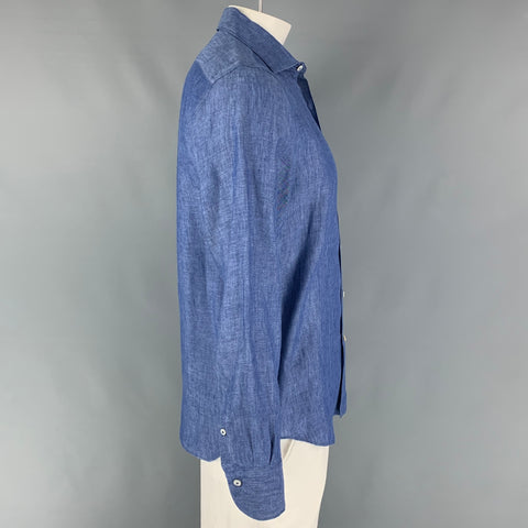 FINAMORE Size L Blue Linen Button Up Long Sleeve Shirt