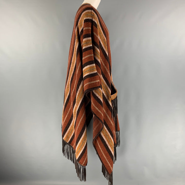 ETRO Size 4 Brown Tan Wool Stripe Leather Trim Poncho Cape