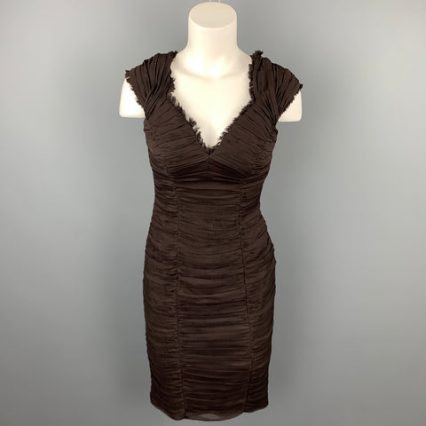 TADASHI Taille 6 Robe de cocktail sans manches en soie froncée marron à col en V
