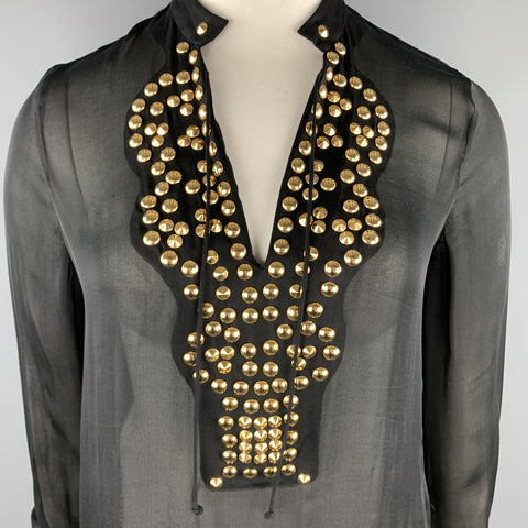 GIVENCHY 10 Black Gold Studded Silk Chiffon Resort 2010 Blouse