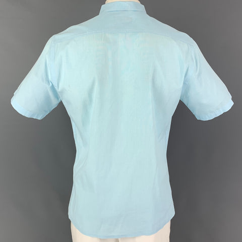 EMILE LAFAURIE Size L Turquoise White Checkered Cotton Short Sleeve Shirt
