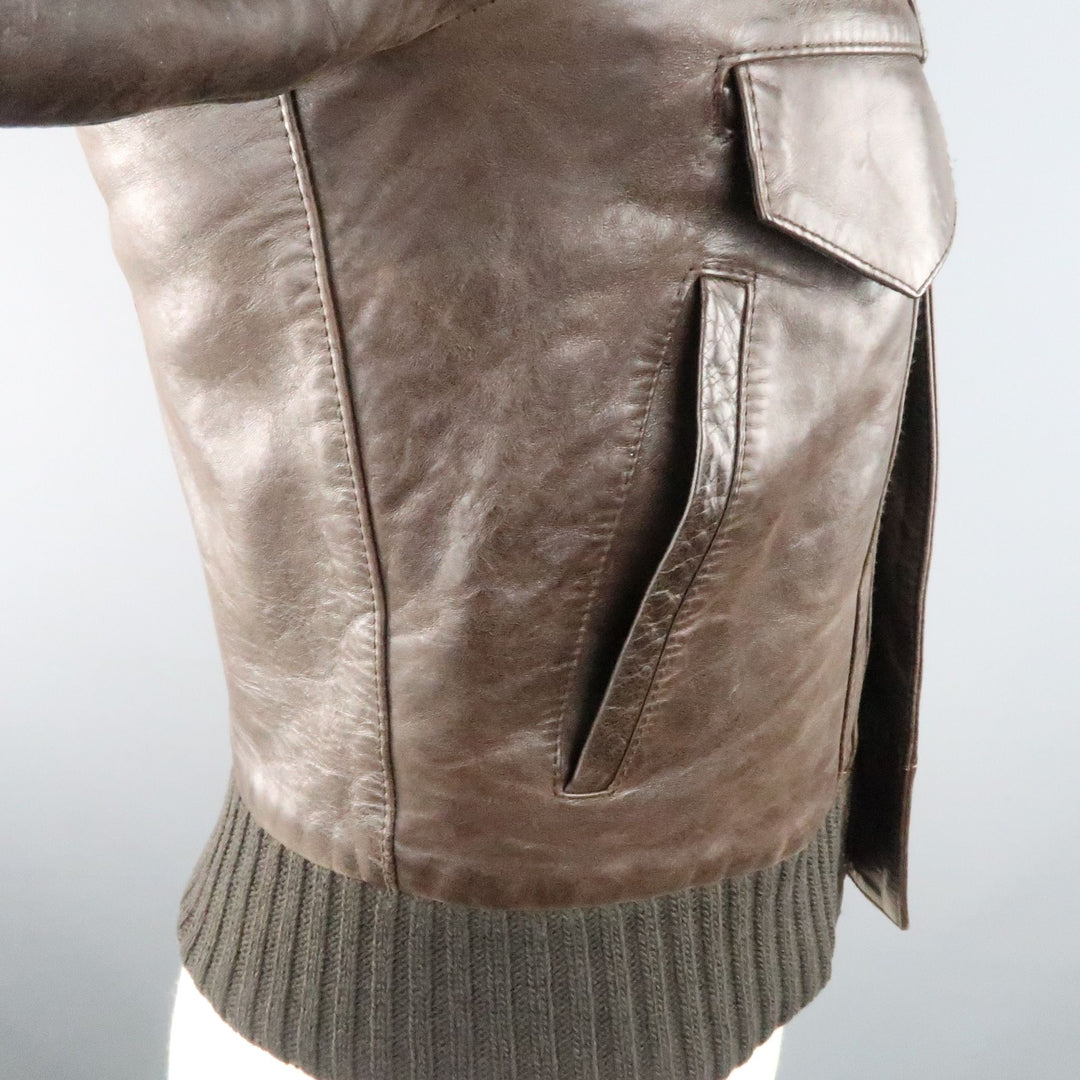 BALENCIAGA Size S Brown Leather Collared Cropped Bomber Jacket