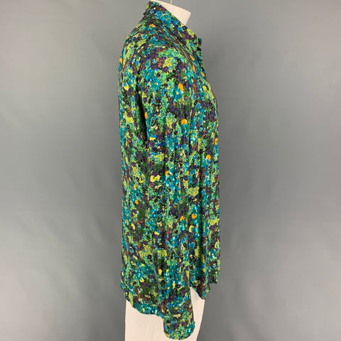 DRIES VAN NOTEN SS 20 Size XL Green Blue Sequined Viscose Button Up Long Sleeve Shirt