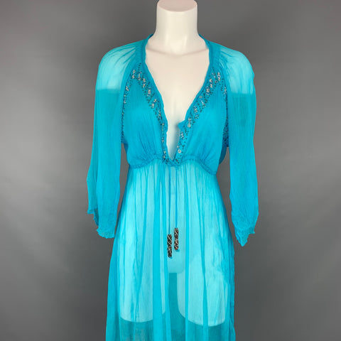 DELFINA Taille S Robe en shantung longueur genou en soie turquoise et perles