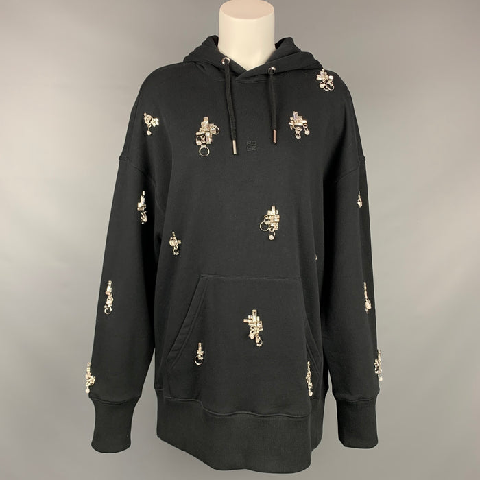 GIVENCHY SS 2021 Size XS Black Crystal Embellishment Cotton Oversized Hooded Pullover