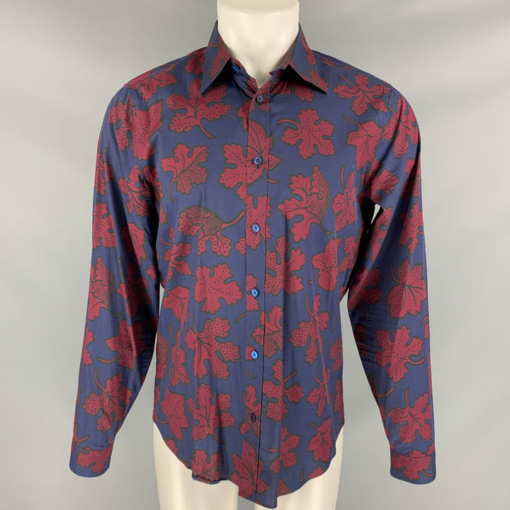 BURBERRY PRORSUM Fall 2014 Size M Navy & Burgundy Leaf Print Cotton / Silk Long Sleeve Shirt