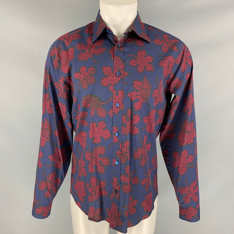 BURBERRY PRORSUM Fall 2014 Size M Navy & Burgundy Leaf Print Cotton / Silk Long Sleeve Shirt
