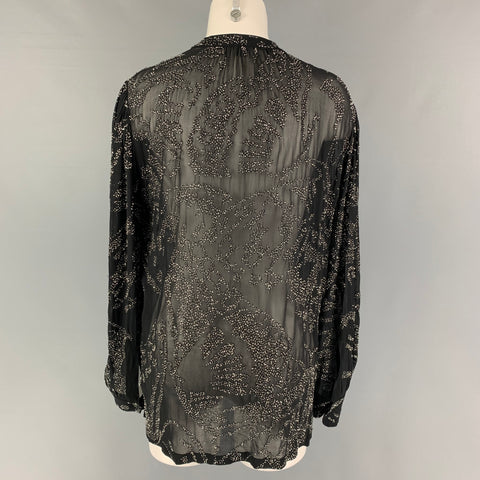 DRIES VAN NOTEN Size XS Black Silver Viscose Beaded Open Collar Shirt