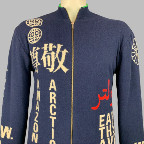 WALTER VAN BEIRENDONCK 2006 Size L Blue & Green Wool / Cotton Reversible Cardigan