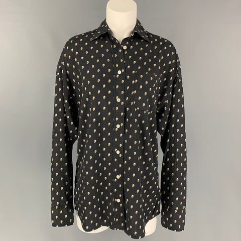 R13 Size XS Black & Off White Silk Skulls Button Up Shirt