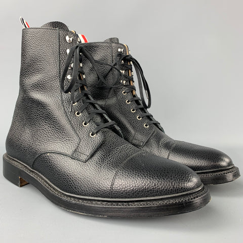 THOM BROWNE Size 10 Black Pebble Grain Leather Lace Up Ankle Boots